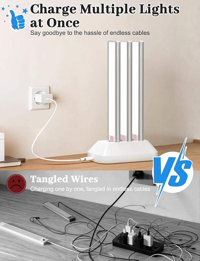 12in Under Cabinet Lighting with Charging Station, 2500mAh Rechargeable Wireless Motion Sensor Lights Indoor,Closet Lights with 3 Color Tempers, Battery Operated Cabinet Lights for Kitchen, 6-Pack