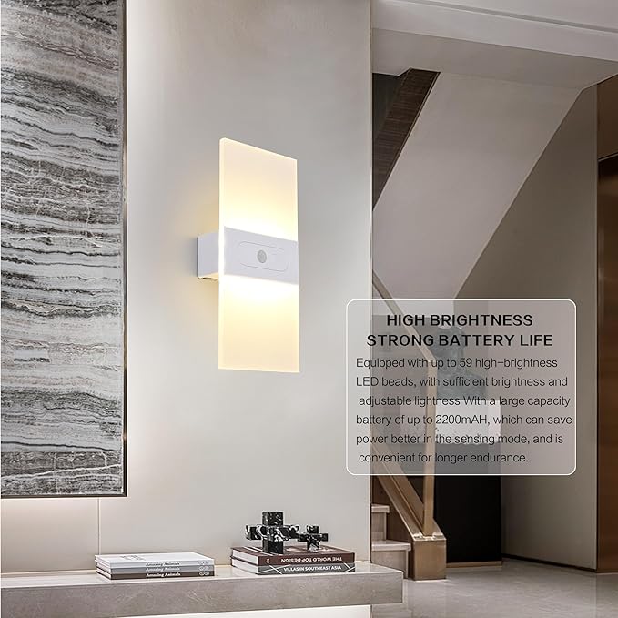 Rechargeable Wall Sconces Set Of Two Battery Operated，Magnetic Motion Sensor night Lights Indoor ,Battery Operated White Shell Warm White LED Dimmable Wall lights for living room,Hallway,Stair