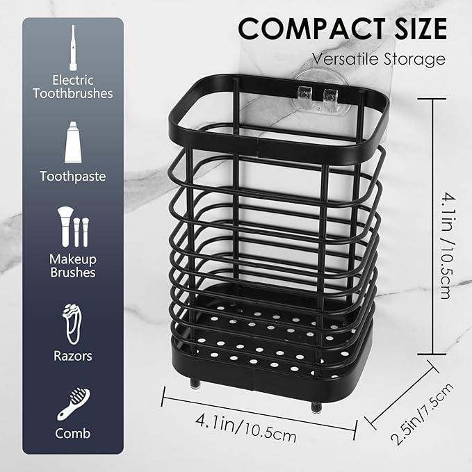 Wall Mount Toothbrush Holder for Bathroom, Stainless Steel Rustproof Toothbrush and Toothpaste Holder Organizer, Electric Toothbrush Holder Self Adhesive Wallmount/Countertop Organizer(Black)