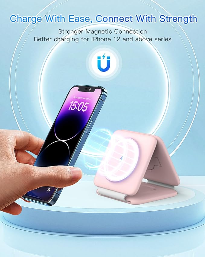Charging Station for Apple Multiple Devices: 3 in 1 Foldable Magnetic Wireless Charger Stand - Travel Charging Dock Compatible with iPhone 17 16 15 14 13 12 Pro Max Plus Apple Watch AirPods