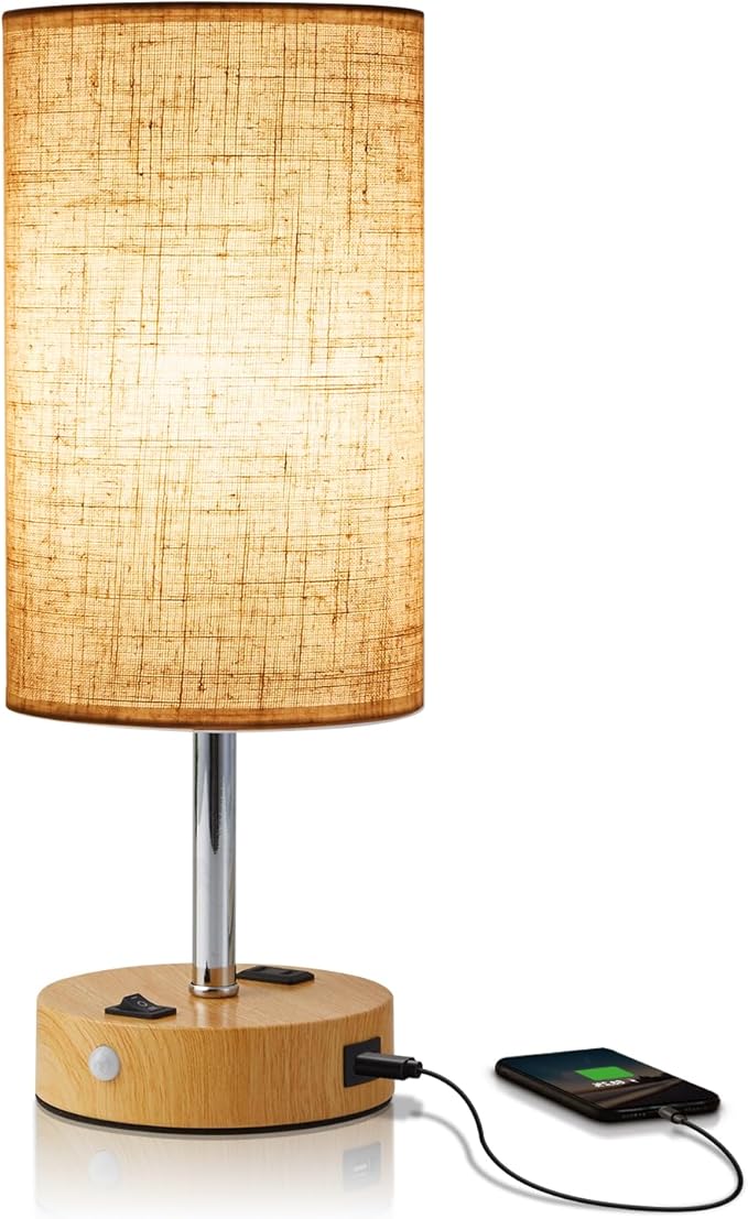 lifeholder Table Lamp with Motion Sensor or Constant on Mode, USB Lamp Include One LED Bulb, Built in 1 USB Port & 1AC Outlet, Bedside Lamp Idea for Bedroom, Hallway, Bath Room