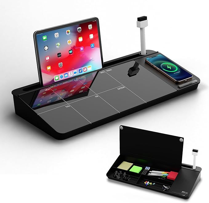 NEXTLUXE Glass Desk Whiteboard with Wireless Charger - Desktop Whiteboard with Storage, Weekly Planner, Dry Erase Pad, Organizer Drawer for Home, School, Office Gadgets – Black (Black)