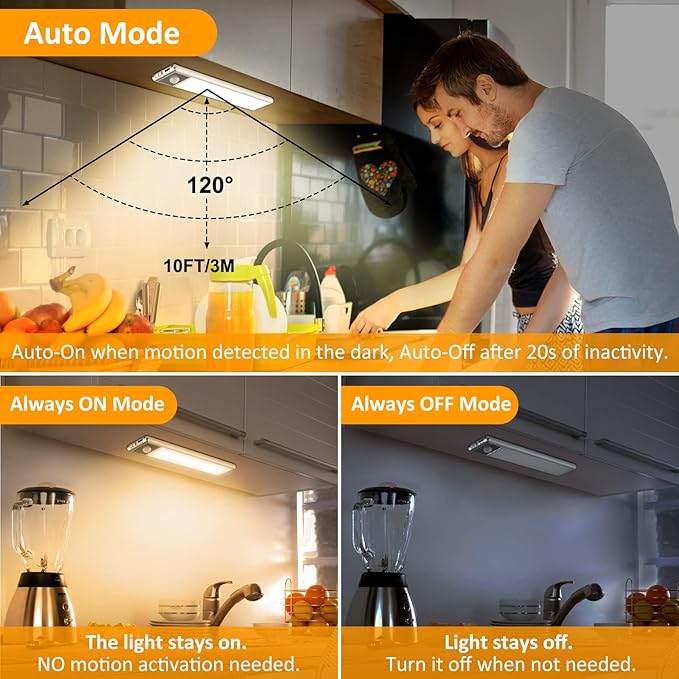 30-LED Motion Sensor Under Cabinet Lighting, 8-inch Magnetic Rechargeable Under Counter Closet Lights, Wireless Light Bar, 3-Pack, Warm White