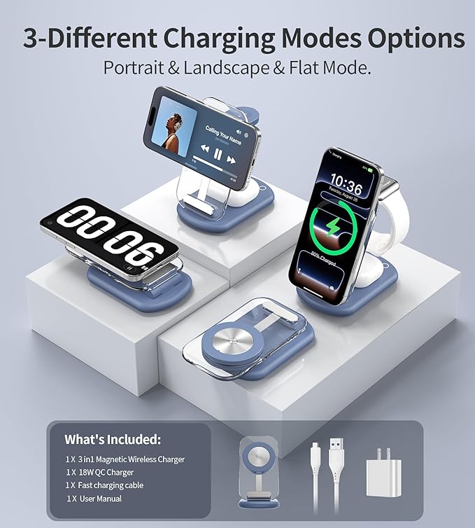 3 in 1 Magnetic Wireless Charging Station for Apple Devices, Fast Foldable Travel Mag-Safe Charger Stand with Night Light for iPhone 17 16 15 14 13 12 Series, Apple Watch/AirPods Pro, BU