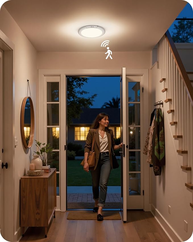 Rechargeable Motion Sensor Ceiling Light with Remote, Wireless Ceiling Light Battery Operated, No Wiring, Magnetic, Dimmable Shower Light, Timer, 3 Color 6000K, Rechargeable Light for Closet Hallway
