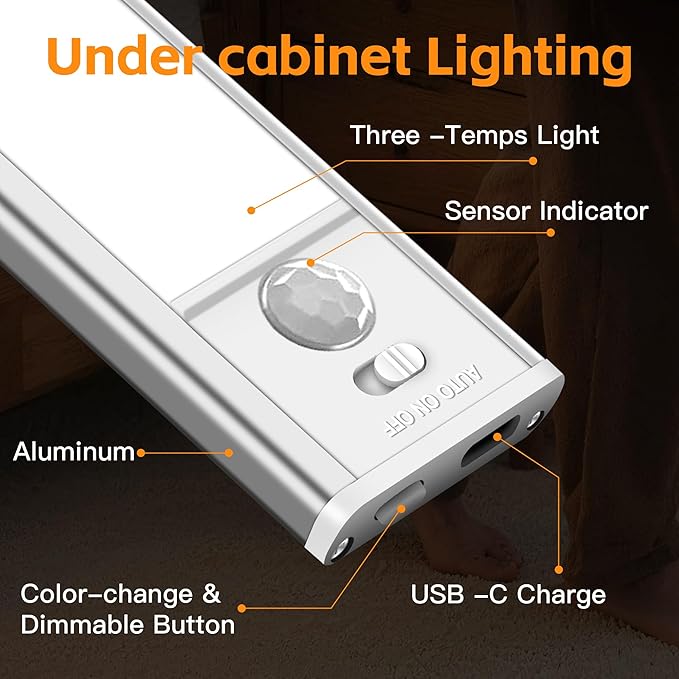 15.75inch Under Cabinet Lighting,with Motion Sensor,74LED 3Color Temperature,Closet Lights Motion Sensored, USB-C Charging,Durable And easy-to-install Magnetic Cabinet Light,staircases,wardrobes-4Pack