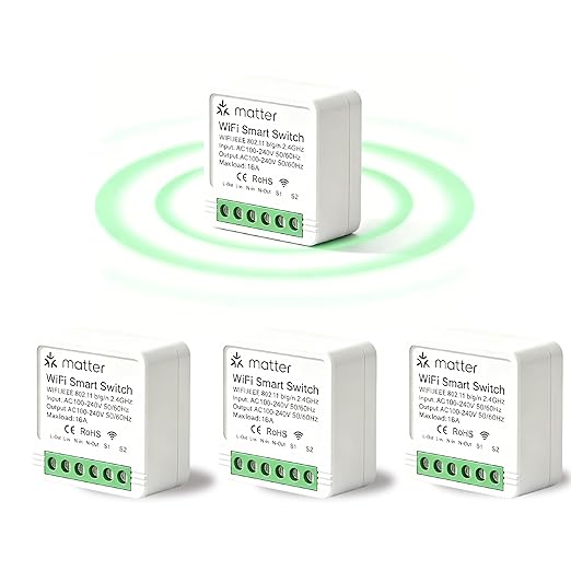Matter Smart Switch, Smart Light Switch, WiFi Mini DIY Module, eWeLink Web, Flush-Mounted, APP & Voice Control, Smart Switches for Lights Compatible with Apple, Alexa & Google, 4PCS