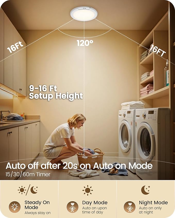 Rechargeable Motion Sensor Ceiling Light with Remote, Wireless Ceiling Light Battery Operated, No Wiring, Magnetic, Dimmable Shower Light, Timer, 3 Color 6000K, Rechargeable Light for Closet Hallway