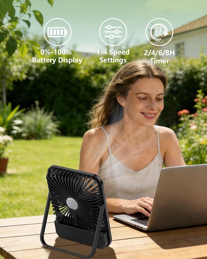 7-Inch Portable Travel Fan, Cruise Ship Approved, 28H 8000mAh Ultra-Thin Quiet Rechargeable Battery Operated Desk Fan with Timer & LED Display for Bedroom, Office, Camping