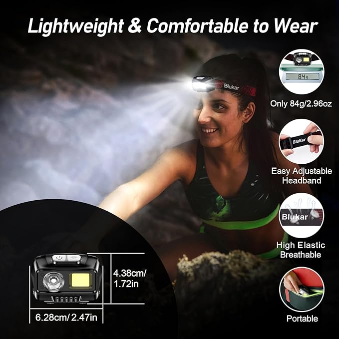 Blukar LED Headlamp Rechargeable,2000L High Lumen Super Bright Dimmable Headlight Flashlight with Motion Sensor- 8 Modes,Spotlight&Floodlight,IPX5 Waterproof for Camping,Hiking,Running,Fishing