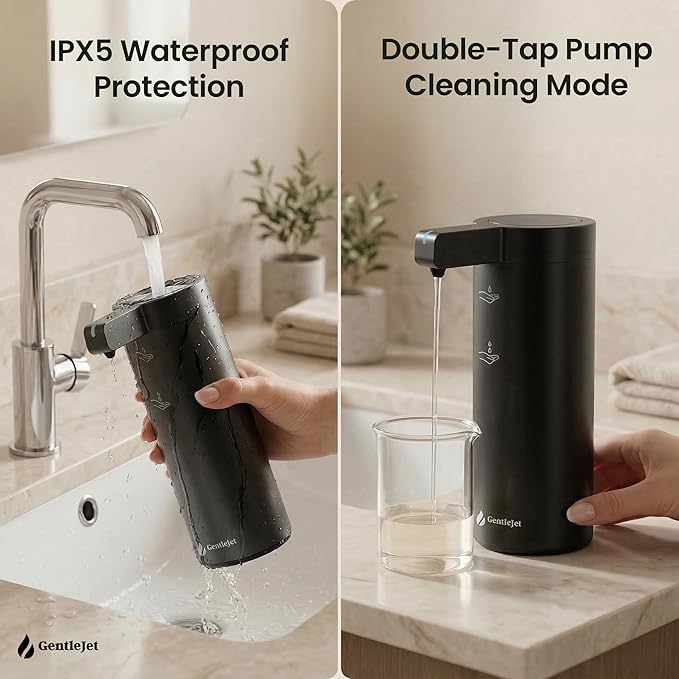 GentleJet SmoothDrop Automatic Liquid Soap Dispenser Touchless, No-Drip Precision Pump, USB-C Rechargeable, 304 Stainless Steel, Waterproof Countertop Dispenser for Kitchen & Bathroom Sink, 270 ml