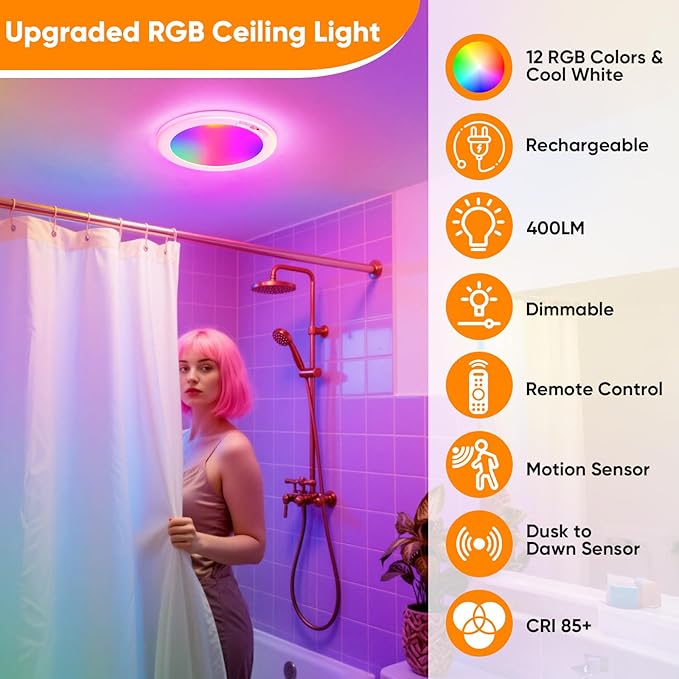 2 Pack Rechargeable Motion Sensor Ceiling Light with 12 RGB Colors and Cool White Lights, Battery Operated Ceiling Light with Remote, Magnetic Motion Sensor Lamp for Closet Pantry Hallway Porch