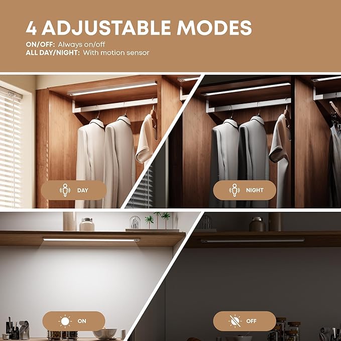 LROLTEF Under Cabinet Lighting Wireless, 2 Pack 11.8 inch 2200mAh 6500K Dimmable Motion Sensor Light Indoor, Rechargeable LED Under Counter Lights for Kitchen, Shelf, Stairs, Closet