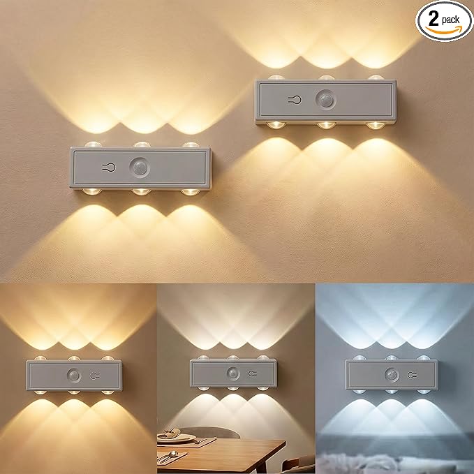 Motion Sensor Wall Lights, Rechargeable Peel and Stick On Sconces set of 2, Wireless No Drill Wall Lamp, 3CCT Dimmable Magnetic Mount for Hallway Closet Stair Bedroom