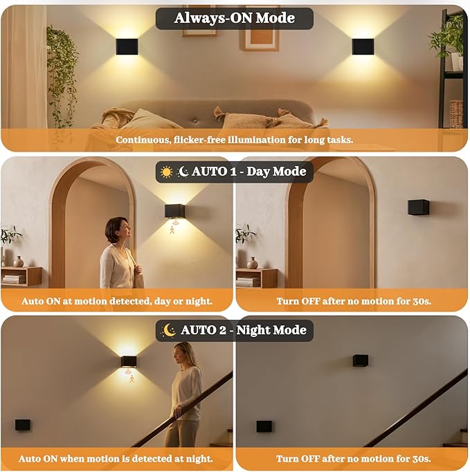 Rechargeable Motion Sensor Wall Light with Remote, 6000mAh Magnetic Battery Operated Wall Sconces, 3 Color Temperatures & Dimmable, Black LED Up Down Wireless Wall Lamp for Bedroom Living Room, 2-Pack