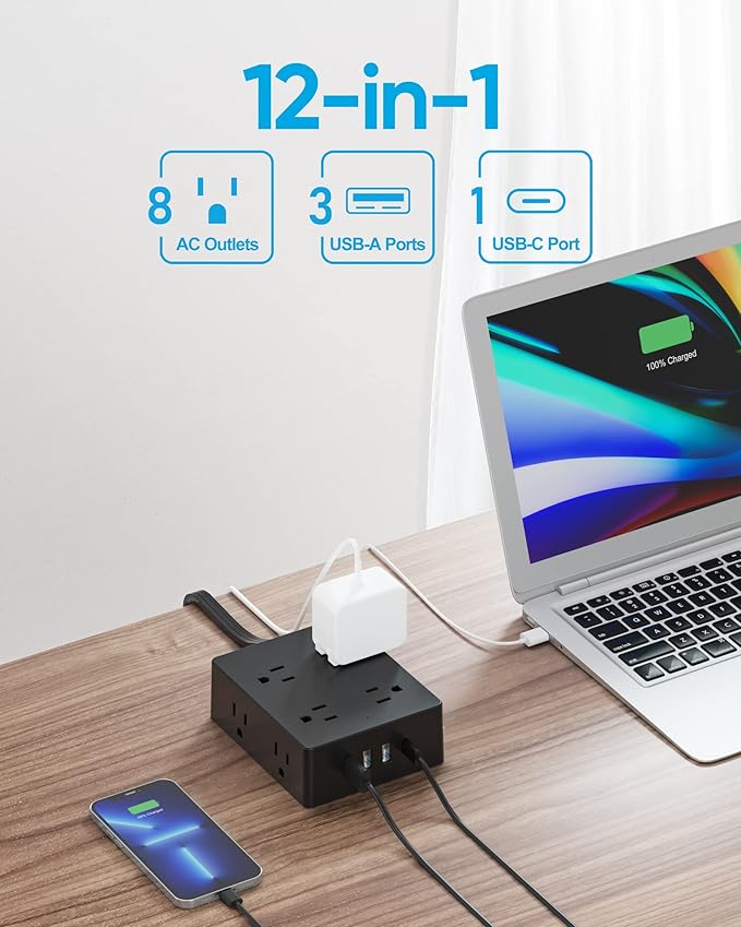 Olcorife Flat Plug Power Strip with 15 FT Extension Cord, 8 Outlets 4 USB Ports(1 USB C), 3 Sided Outlet Extender for Home Office Travel Dorm Room Essentials, Black