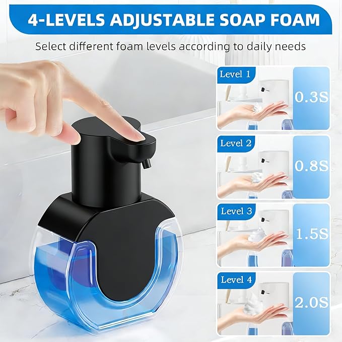 Automatic Soap Dispenser Touchless,Rechargeable Foaming Soap Dispenser,15oz/420ml Smart Hand Soap Dispensers,4-Level Adjustable,Wall Mount for Bathroom Kitchen Dish Soap,Hands-Free (Black)