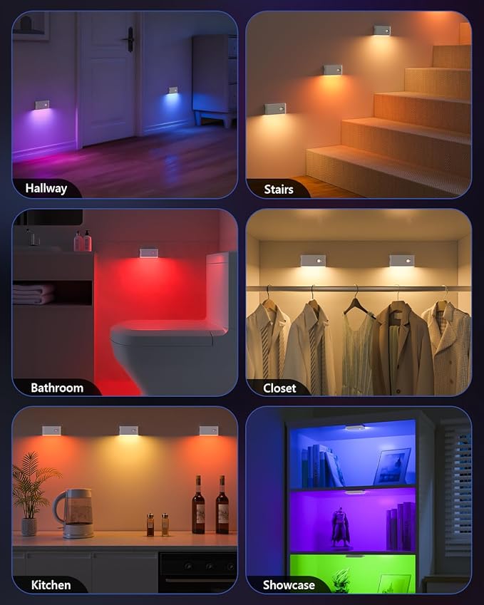 WILLED Motion Sensor Night Light, RGB & Warm White Stair Lights Indoor, Rechargeable Color Changing Night Light, Wireless Motion Sensor Light Indoor for Stair,Hallway,Bathroom,Cabinet,Kitchen,10 Pack