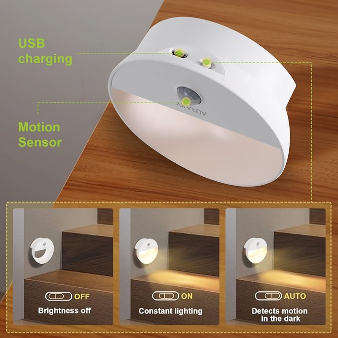 AURAXY Rechargeable Battery Night Light, Motion Sensor Night Light, LED Warm White Magnetic Stick-on Motion Sensored Hallway Light, with Dusk to Dawn Sensor for Stairs, Wall, Closet, Cabinet (3 Pack)