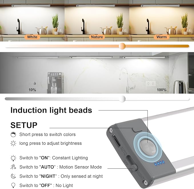 LEPOTEC 2 Pack Under Cabinet Lighting,88 LED Motion Sensor Light Indoor,2200mah Rechargeable Under Counter Lights Wireless,Magnetic Battery Operated Closet Night Lights for Kitchen,Bedroom,Stairway