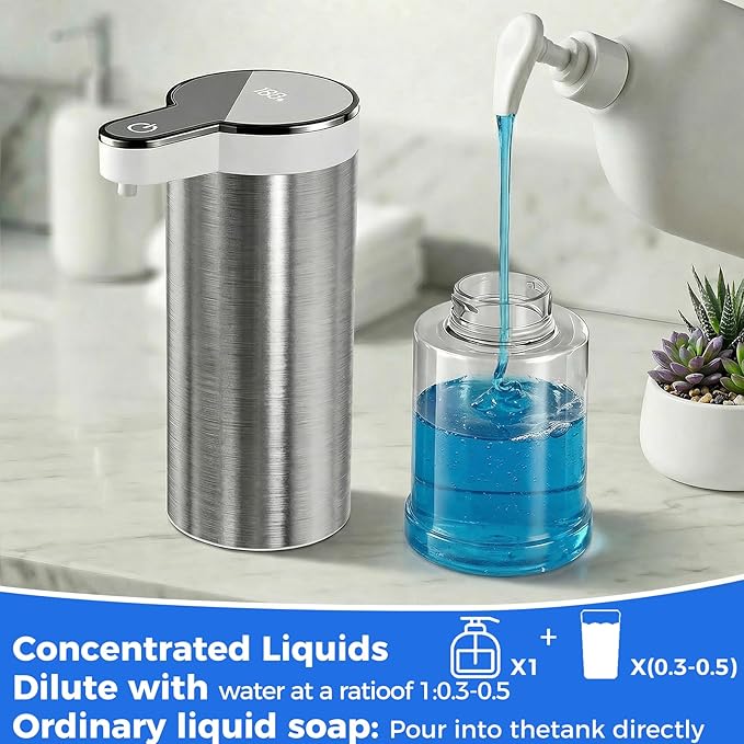 Automatic Liquid Soap Dispenser Touchless, Stainless Steel Hand Soap Dispenser, USB Rechargeable, 4 Adjustable Levels, 11.8oz/350ml for Kitchen and Bathroom (Stainless Steel White, Liquid)