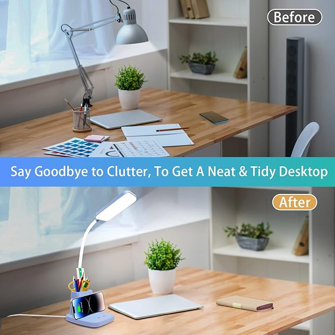 Small Desk Lamp, Blue Desk Lamp with Pen Holder, Wireless Charger LED Desk Lamps for Home Office, 800LM Flexible Arm 3 Modes Dimmable Touch Cute Desk Lamps, Study Lamps for College Dorm Room
