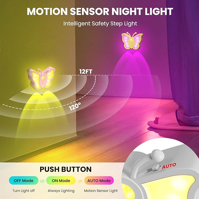 LOFTEK Rechargeable Motion Sensor Light, RGB Color Change & Dimmable Wall Night Light, Cute Butterfly Light for Kids' Bedroom, Bathroom, Hallway, Tent, Stairs, Camping - Gift, Black of 4