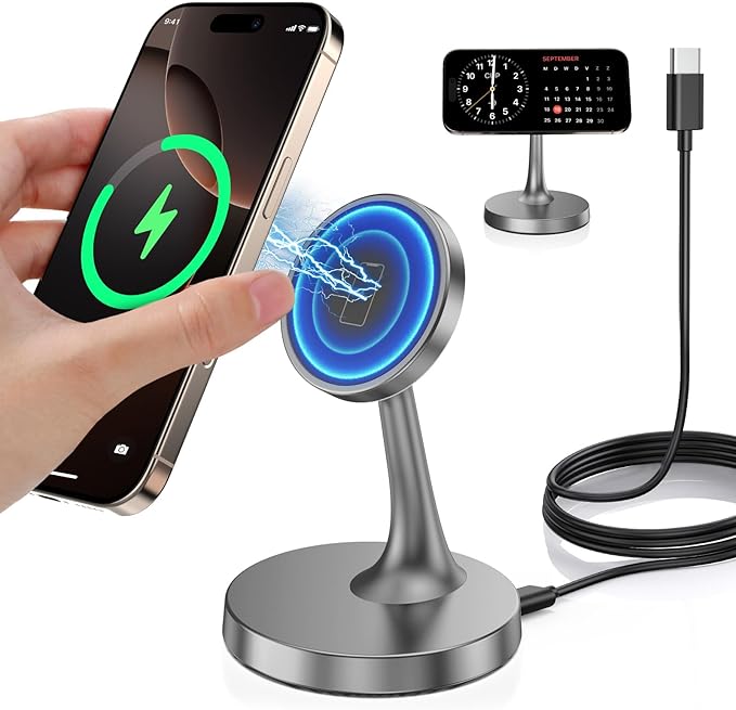 TXXTOL Magnetic Wireless Charger iPhone Stand, 15W Fast Mag-Safe Charger iPhone 17/17 Air/17 Pro/17 Pro Max 16/15/14/13/12 Series Magnet Wireless Charging Station/Pad/AirPods for Home, Office, Travel