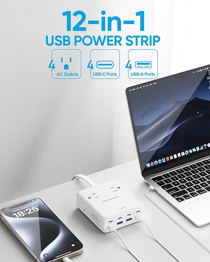 Olcorife 230W USB Power Strip with 5 FT Extension Cord, 4 AC Outlets 8 USB Ports(4 USB-C&4 USB A), 3 Sided Outlet Extender for Home Office Travel Dorm Room Essentials, White