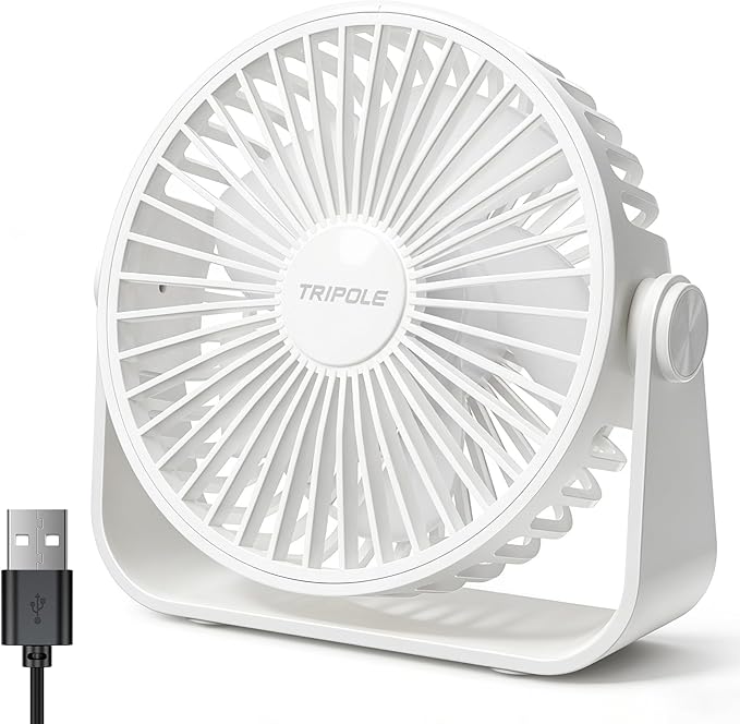 TriPole USB Desk Fan Portable Mini Fan Powerful 3 Speeds Wind Personal Desktop Fan with 360° Head Rotation for Home Office Car Indoor Outdoor White, No Battery, 4.5 Inches
