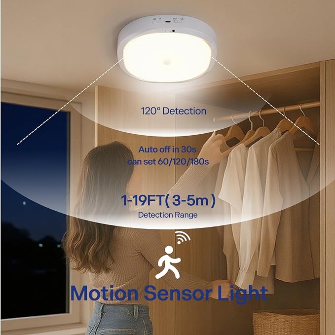 Rechargeable Motion Sensor Ceiling Light Indoor, Cordless Closet Light with 10000mAh Battery, 3 Color Temperatures, 550LM Motion Activated Light for Closet,Shower,Stairs,Pantry,Remote Control