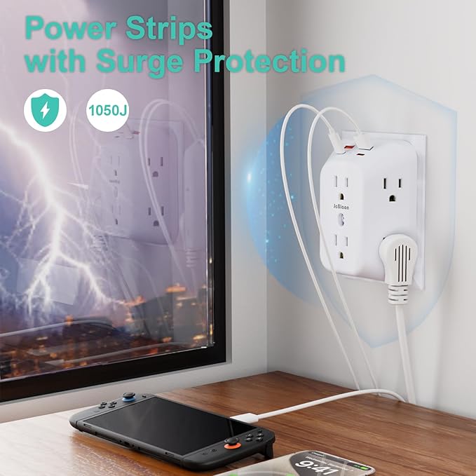 Multi Plug Wall Outlets, 6-Port Outlet Extender with 4 Charging USB Ports (2 USB A, 2 USB C), 4 Sided 1050J Surge Protector wall Plug Adapter Reserved for Home Travel and Office use
