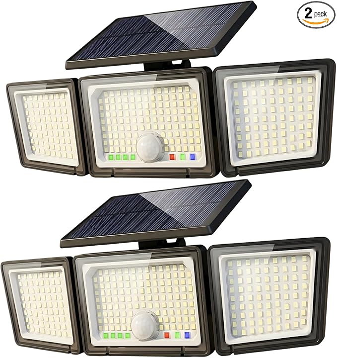 Solar Outdoor Lights Motion Sensor, 2500LM 286 LED Security Flood Lights with Visual Battery & Mode Display, 3 Lighting Modes, IP65 Waterproof 3-Head Wide Angle for Garage, Yard, Patio (2P Warm White)