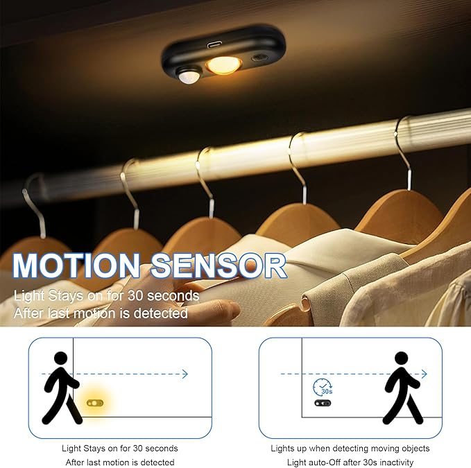 LED Motion Sensor Light Indoor, Magnetic Under Cabinet Lighting Warm White, Black Dimmable Rechargeable Puck Lights for Closet, Kitchen, Stairs(6 Pack)
