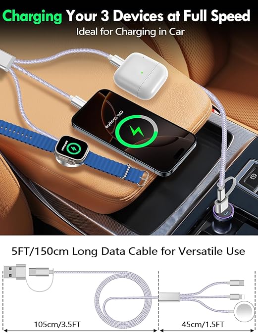 1Pack Multi Charging Cable Cord for Travel Essentials,Apple Watch Charger,iPhone Charger,[3-in-2] Type C/Lightning Cable Portable Designed for iWatch,iPhone 17-8,Galaxy S25-21,AirPods,iPad-1.5M Purple