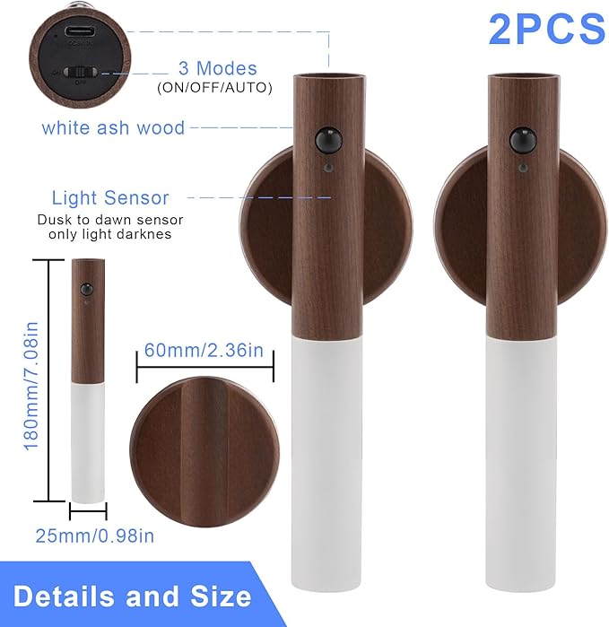 LANDGOO LED Motion Sensor Lights, Set of 2 Battery Operated Stick on Wall Sconces, Rechargeable Lighting for Hallway Stairway, Magnetic 360° Rotation for Indoor Lamps (Black Walnut Wood 2PCS)