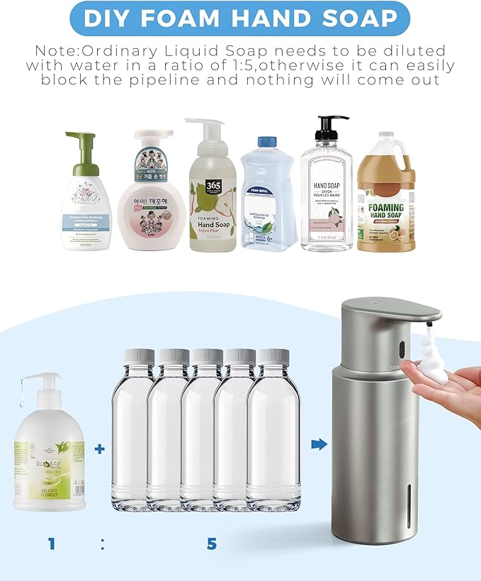 Automatic Foaming Soap Dispenser Touchless, 304 Stainless Steel Bottle Body &16.2oz/480ml Rechargeable, 3 Adjustable Liquid Levels, IPX7 Waterproof, for Kitchen Bathroom, Stainless Steel