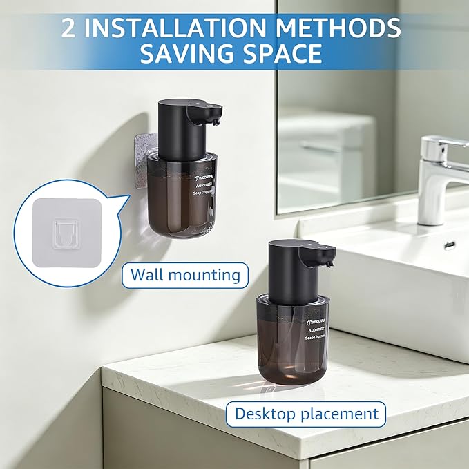 Automatic Soap Dispenser for Kitchen Sink - Wall-Mount & Countertop: 4-Level Adjustable, 13.5oz Clear Plastic IPX5 Rechargeable, Suitable for Kitchen Sink & Bathroom (Black)