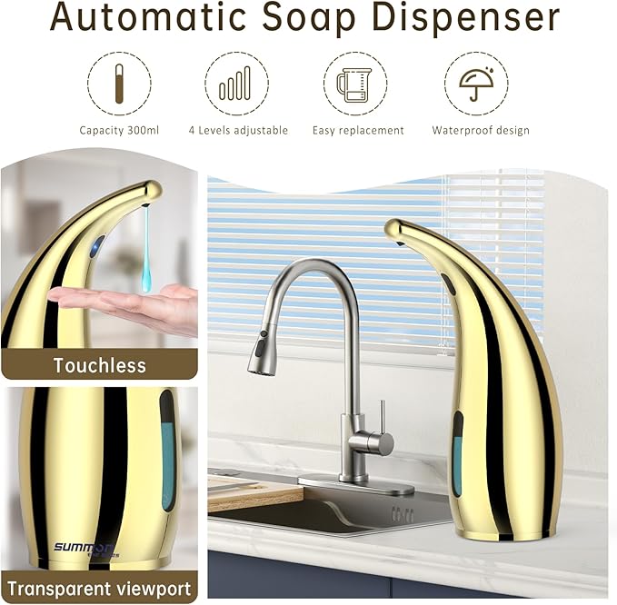 Automatic Liquid Soap Dispenser,300ML Touchless 4 Gear Adjustable,Countertop Electric Battery Operated Gold Hand Soap Dispenser with Sensor for Bathroom,Kitchen,Office