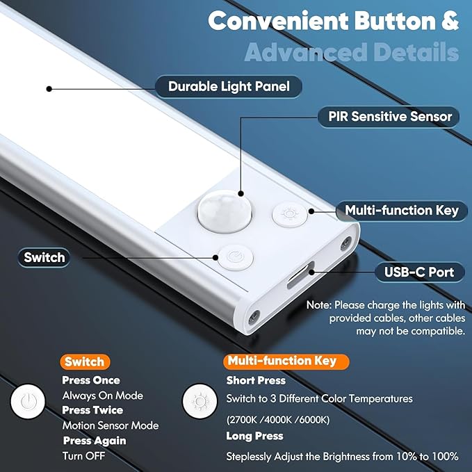 5-Pack Under Cabinet Lighting, 1800mAH Rechargeable Battery Operated Motion Sensor Lights Indoor with 3 Color Temperature, Dimmable Wireless Magnetic Under Counter Closet Lights for Kitchen, Stairs