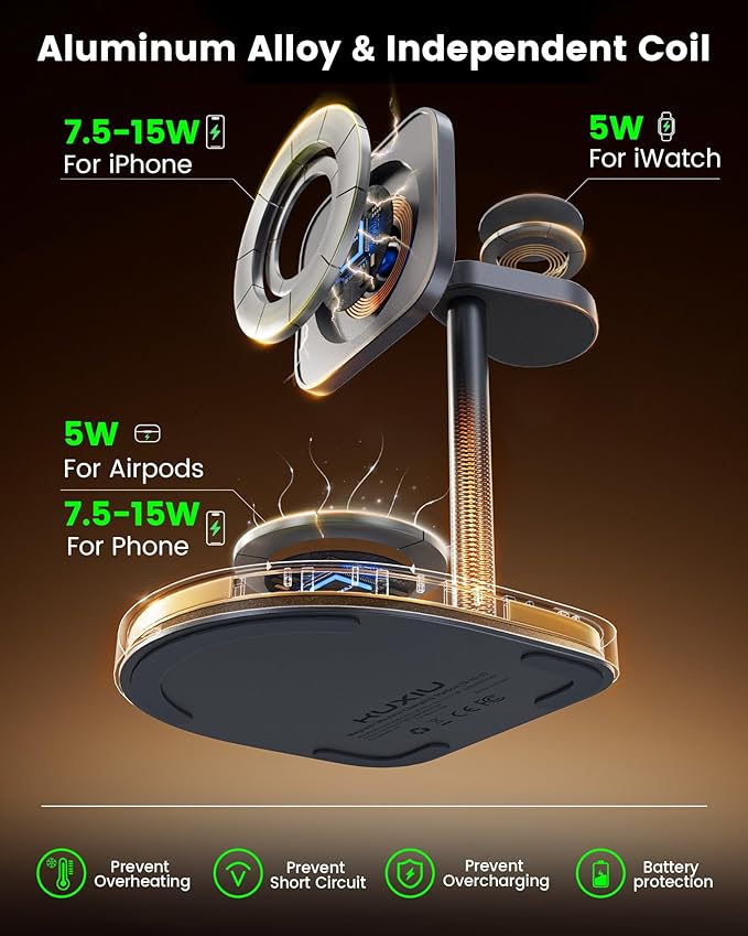 3-Point Power 3 in 1 Charging Station for Apple, KU XIU X85 Aluminum Alloy Magnetic Wireless Charger Stand with Mini Basketball & Hoop for iPhone 17/16/15/14/13/12, 5W for Apple Watch, AirPods, Gray