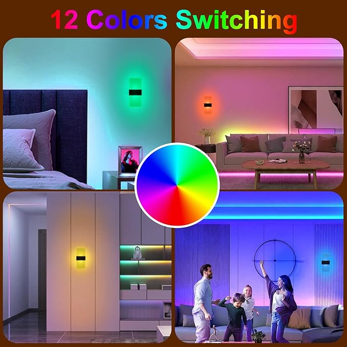 2 Pack LED Wall Lights, Rechargeable Battery Powered RGB Wall Sconce, 12 Color Changing Magnetic Night Lamp, Remote Control Dimmable Cordless Decor Lighting for Bedroom Hallway Stairway
