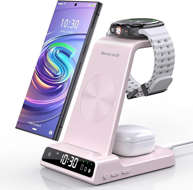 Wireless Charger for Samsung Charging Station: 3 in 1 Android Charging Stand with Dimmable Clock - Nightstand Organizer for Galaxy S25 Ultra, Galaxy Watch 8 7 6 5 4, Galaxy Buds (Not for iWatch)