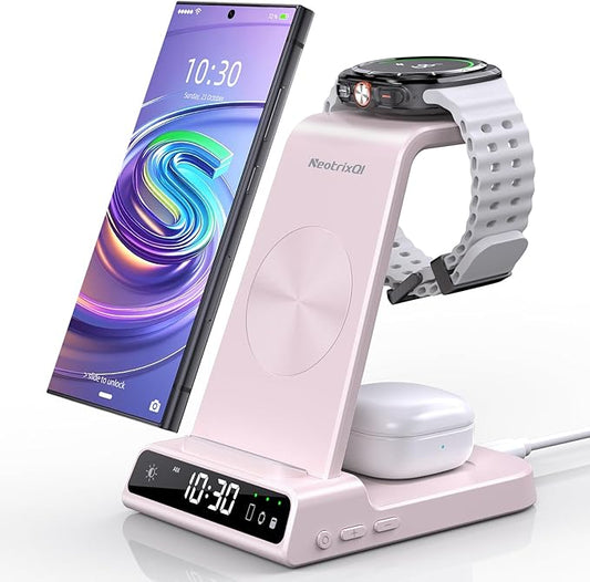 Wireless Charger for Samsung Charging Station: 3 in 1 Android Charging Stand with Dimmable Clock - Nightstand Organizer for Galaxy S25 Ultra, Galaxy Watch 8 7 6 5 4, Galaxy Buds (Not for iWatch)