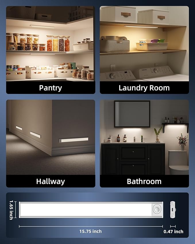 16inch Under Cabinet Lighting, 6Pack Rechargeable Motion Sensor Light Indoor, Magnetic Closet Lights with Dimmable & 3 Color Temps, Wireless Under Counter Lights for Kitchen, Stairs