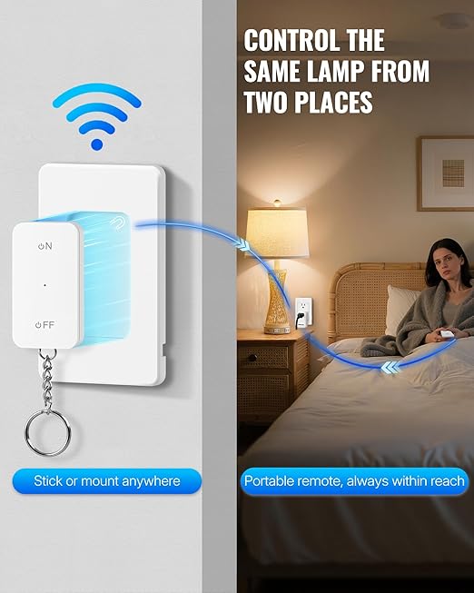 Remote Control Outlet with Two Switches, WILAWELS Wireless Light Switch with Magnetic Base, On Off Remote Outlet Switch, 100ft RF Range, 15A/1875W, Pre-Programmed, FCC Listed W10RC2106