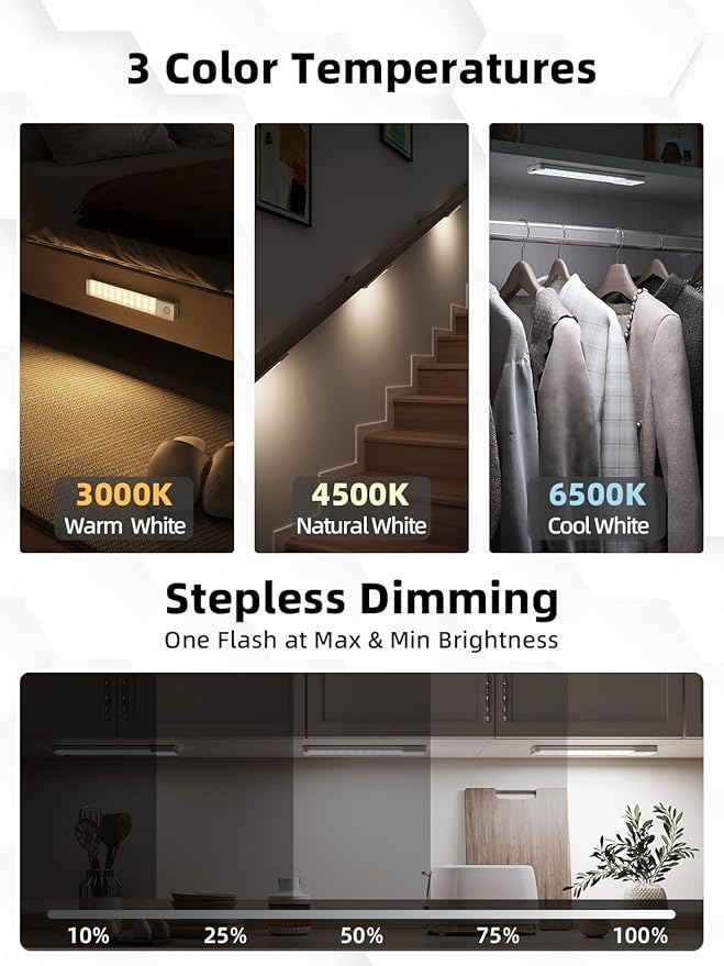 EZVALO Under Cabinet Lighting with Charging Station, 8 inch Motion Sensor Light Indoor, 1100mAh Rechargeable LED Light, 3 Color Temperatures, Dimmable Counter Lights for Kitchen, Closet, Stair (3Pack)