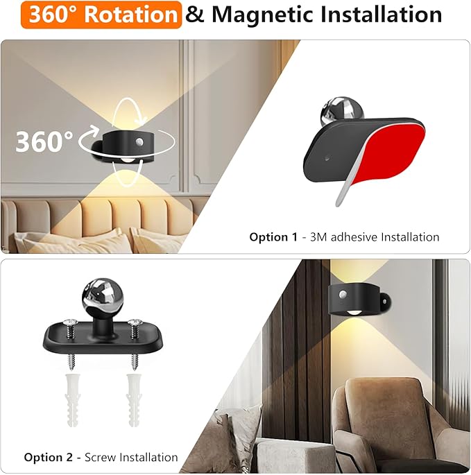 Deyagoo Rechargeable Motion Sensor Wall Light, Wireless Wall Sconce - Magnetic Base, Dimmable 3000K Warm White, 3 Modes (ON/AUTO/Off) for Closet, Stairs, Living Room - Indoor LED Wall Lamp (Black)