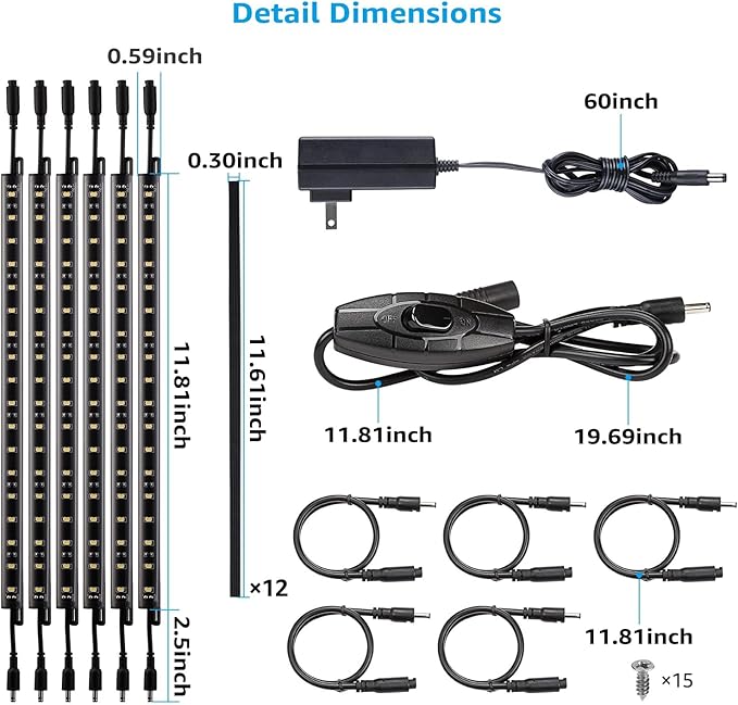 TORCHSTAR LED Safe Lighting Kit, (6) 12 Inch Linkable Light Bars + Rocker Switch + UL Power Adapter, 900LM, Input 100-240V, for Under Cabinet Gun Safe Locker Closet Showcase, 5000K Daylight