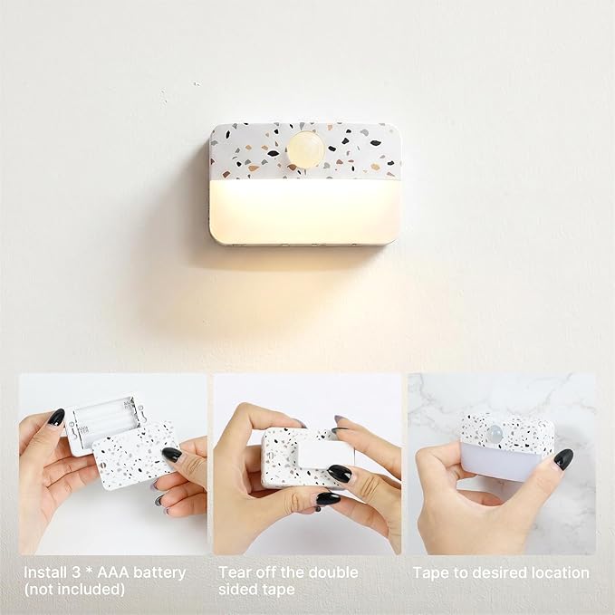 Guankai 8 Pack Motion Sensor Stair Light for Indoor, Battery Operated Closet Lights, Wireless Stick on Anywhere Hallway Lamp, Portable Led Night Lamps for Bedroom Under Cabinet Kitchen, Terrazzo White